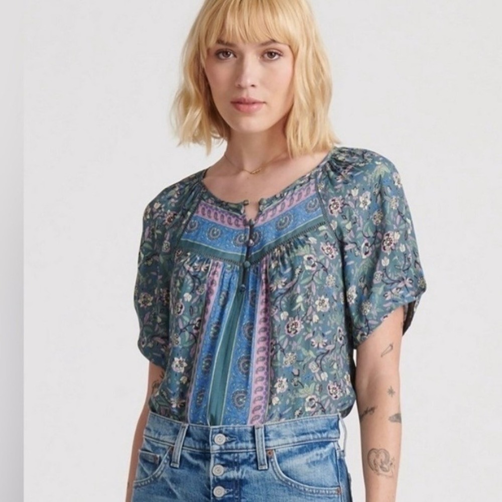 Lucky Brand Womens Floral Puff Sleeve Boho Peasant Blouse Green Blue Pink Large